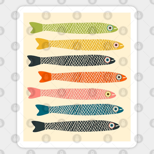 ANCHOVIES Bright Graphic Fun Groovy Fish in Vintage Orange Yellow Pink Blue Green Beige on Cream - Horizontal Layout - UnBlink Studio by Jackie Tahara Magnet by UnBlink Studio by Jackie Tahara